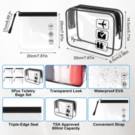 5Pcs Airport Security Liquid Bag Set, Leakproof TSA Approved Clear Toiletry Bag, Small Waterproof Liquids Wash Bags, Travel Transparent Aeroplane Bags with 16 Label Stickers for Men Women