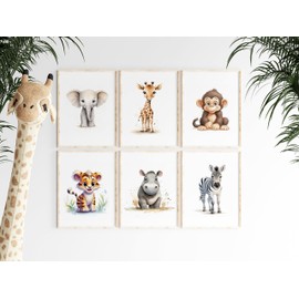 Generisch Dreamy Doodles® | Set of 6 | Safari Animal Motifs | High-Quality A4 Print without Frame | Children's Pictures | Giraffe Lion Monkey Zebra Elephant | Baby Room | Wall Poster