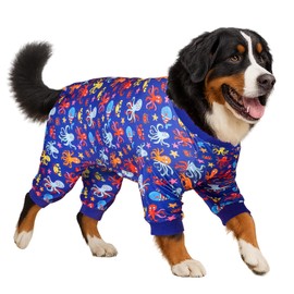 LovinPet Dog Jammies - Anxiety Calming Shirt, Anti Licking Dog Pajamas, Marine Animals Print, Pet Pajamas for Dogs, Pet PJ's for Parties, Camping, Traveling, and Home,Purple Black, 3XL