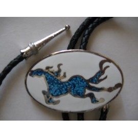 Dragon Jing Galloping Derby in Stampede Bolo Tie Turquoise Inset w. Braided Leather Lanyard