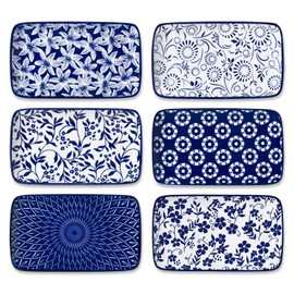 vancasso Selene 8.5 Inch Rectangular Salad Plates Set of 6, Ceramic Salad Plates for Sushi, Dessert, Appetizer, Porcelain Platters for Kitchen Decor, Microwave & Oven Safe, Vintage Blue & White Color