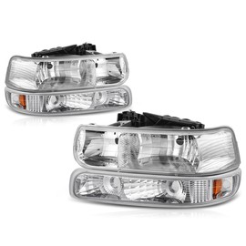 PM PERFORMOTOR Headlights Assembly Compatible with 1999 2000 2001 2002 Chevy Silverado / 2000-2006 Chevy Suburban Tahoe 4Pcs Headlamps+Bumper Lamps Chrome Housing Amber Corner