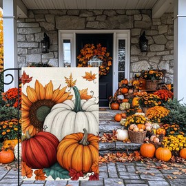 Fall Pumpkin Garden Flag 12x18 Inch Double Sided Thanksgiving Maple Leaves Sunflower Yard Outdoor Flag House Holiday Outside Decoration Burlap