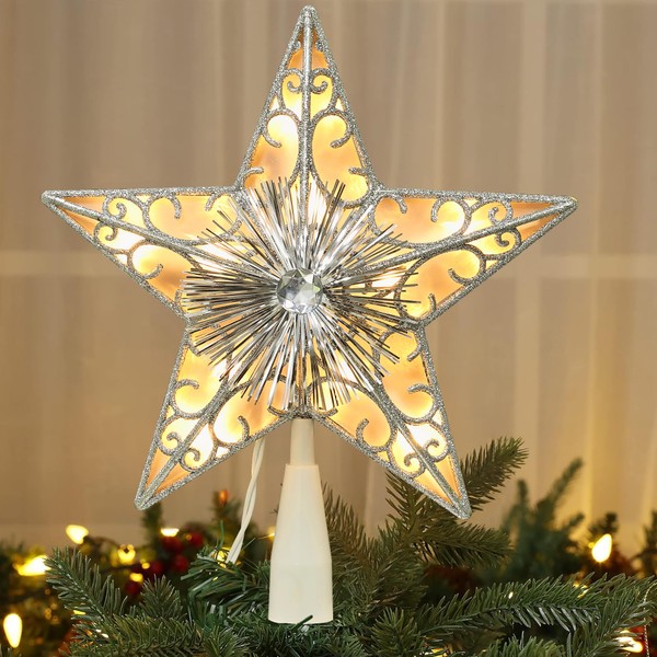 ODEETRONIC Christmas Tree Topper, 9" Silver Tinsel 3D Star Tree