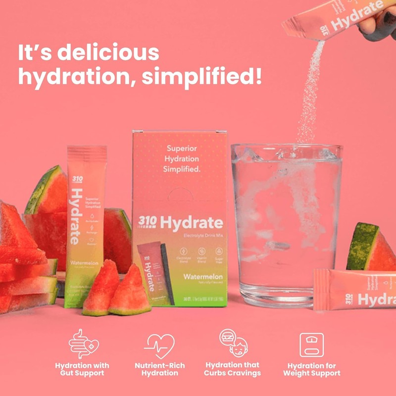310 Hydrate Watermelon Electrolytes Powder Packets - No Sugar Hydration