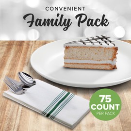 SimuLinen White and Blue Bistro Disposable Dinner Napkins with Pocket for Utensils, Decorative and Absorbent, Paper Napkins for Silverware, 17"x17", Box of 75