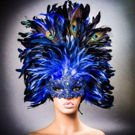 ILOVEMASKS Venice Carnival Masquerade Peacock Feather Mardi Gras Costume Party Mask Blue