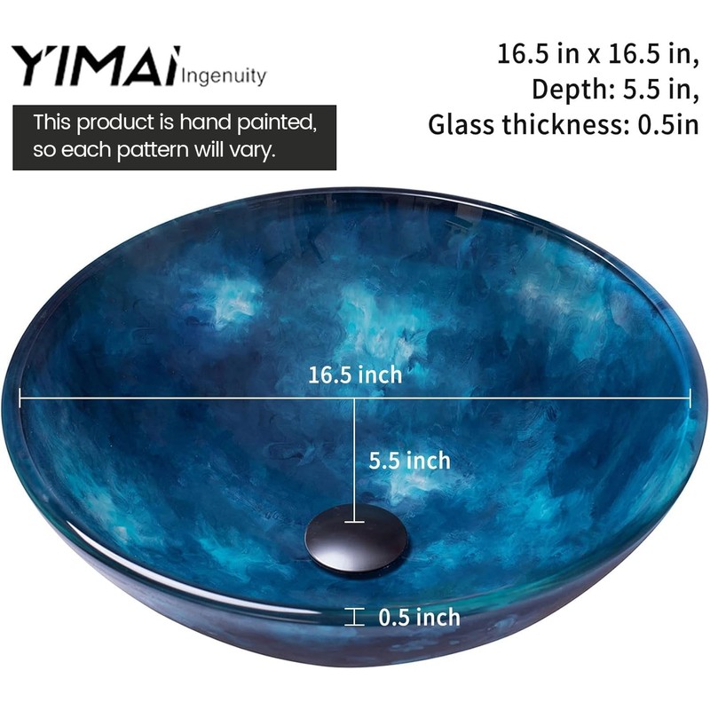 YIMAI Ingenuity Vessel Sink 16.5" Bathroom Sinks Tempered Glass Blue