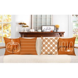 4TH Emotion Fall Pillow Covers 18x18 Set of 4 Hello Pumpkin Farmhouse Decorations Orange Stripes Outdoor Autumn Thanksgiving Farm Pillows Decorative Throw Cushion Case for Home Couch Decor S23F01