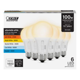 Feit Electric A21 LED Light Bulb, 100W Replacement, Dimmable, Selectable Color Temperatures (2700K-5000K), 1600 Lumens, General Purpose Light Bulbs, 15,000-Hour Lifetime, OM100DM/5CCTCA/LED/6, 6 Pack