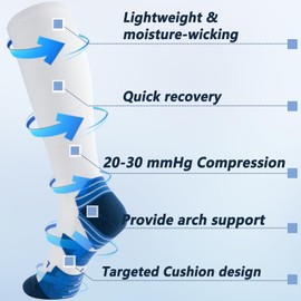 LIN PERFORMANCE Compression Socks for Men and Women 20-30 mmHg Knee High Graduated Support Stockings Travel Flight Sports (White Blue,10-13)