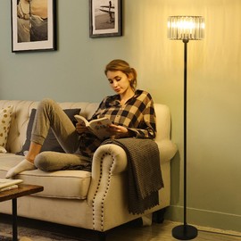 HMVPL Black Floor Lamp for Bedroom, Modern Floor Lamp for Living Room with K9 Crystal Shade, Industrial Standing Lamp with On/Off Switch, Vintage Corner Tall Lamp for Nursery Office Kids Girls Room