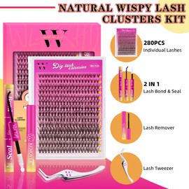 Lash Extension Kit 280PCS Eyelash Clusters 30D DIY Eyelash Extension Individual Lashes Natural Lash Clusters Kit with Lash Bond and Seal, Remover and Tweezers(D-Mix9-16mm)