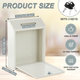 Yaocom Metal Money Donation Cash Box Collection Safe Suggestion Box with Lock Wall Mounted Mailbox Delivery Ballot Container for Home Office Outdoor Farmstand(White,15 x 12 x 4 Inch)