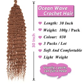 Samtress Ocean Wave Crochet Hair 30 Inch Deep Wave Curly Braiding Hair Extensions 3 Packs Brown Ocean Wave Crochet Hair for Boho Crochet Box Braids Synthetic (#30)