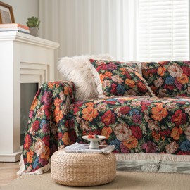 vctops Vintage Jacquard Sofa Covers for Sectional Sofa Floral Pattern Fringe Couch Cover for Dogs Loveseat Covers Futon Cover L Shaped Cover Washable Couch Protector (Colorful Floral,91"x118")