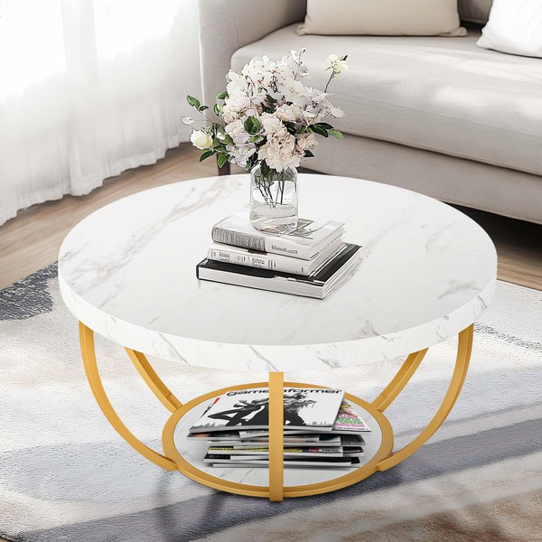 NicBex Round Marble Coffee Table With Geometric Frame - 32