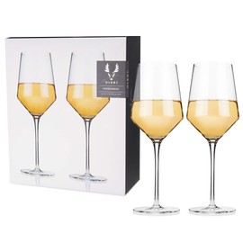 Viski Raye Angled Chardonnay Set of 2 No-Lead Premium Crystal Clear Glass, Modern Stemmed, Flat Bottom White Wine Gift Set, 13 oz