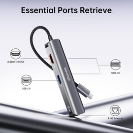 Teleadapt Adaptador USB C Hub 5 en 1, Adaptador Multipuerto USB C con 4K USB C a HDMI, 1Gbps Etherent, 3 Puertos USB 3.0, Hub USB C Tipo C Compatible con MacBook, MacBook Pro, Macbook Air, DELL