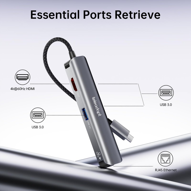 Teleadapt Adaptador USB C Hub 5 en 1, Adaptador Multipuerto