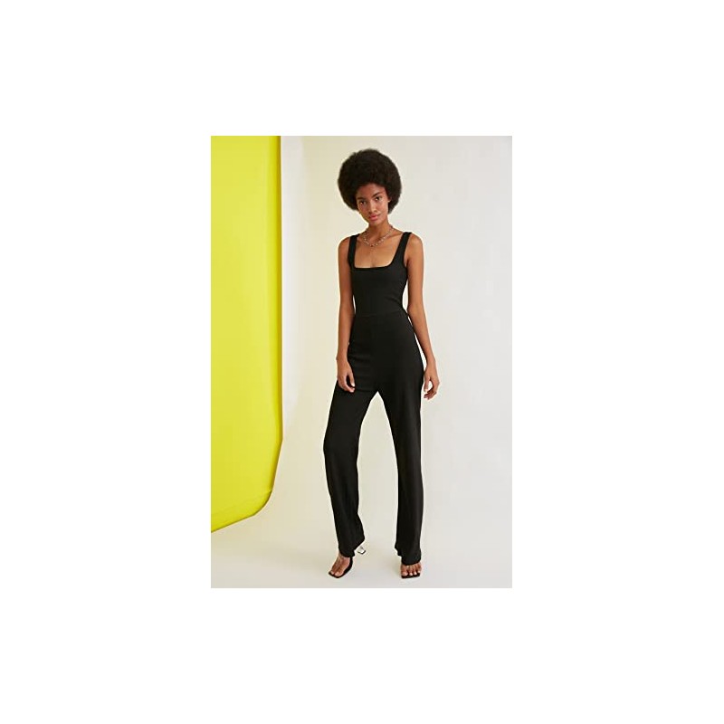 TRENDYOL Women's Back Decollted Knitted Jumpsuit Jumpsuit, black
