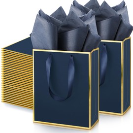 Yeaqee 50 Pack Metallic Paper Gift Bags with Handle and Tissue Paper Wedding Thank You Favor Bag for Bridal Shower Groomsmen 5 Senses Gift Bags for Her Him Birthday 9 x 7 x 3.15''(Navy Blue and Gold)