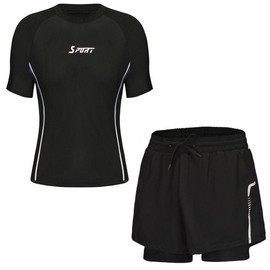 Men's Short Sleeve Rash Guard Two-Piece Set with Dual-Layer Swim Pants Waterpark Black/1size