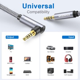 SOUNDFAM TRRS 3.5mm Audio Cable 90 Degree AUX Cable Right Angle 4-Pole Headphone Cord Male to Male Nylon Braid Aux Cord for Smartphone,Tablets,Phone etc-Grey(16 Feet/5M)