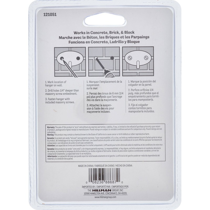 Hillman 121051 Masonry No Stud 300lbs Picture Hanger 1 Set,
