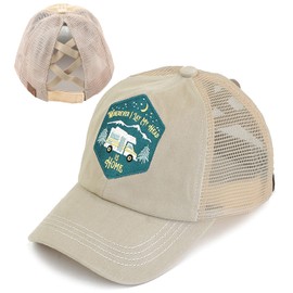 Funky Junque Criss Cross Hat Womens Baseball Cap Distressed Ponytail - Wherever I Lay My Head is Home - Khaki