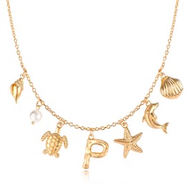 Initial P Charm Necklace For Women, Boho Gold Summer Beach Surfer Letter Necklace Starfish Seashell Pearl Turtles Dolphin Charms Pendant, Trendy Pendant Alphabet Choker Necklace Jewelry Gifts