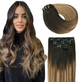 SURNEL Hair Extensions Clip in 14inch 100g 6pcs Hair Extensions Clip in Real Human Hair Natural Black to Medium Brown and Bleach Blonde Hair Extensions (#1B/4/27,14'')