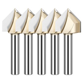 HUHAO 5PCS CNC Engraving Bits 90 Degree V Groove Router Bit 1/4 Shank 2 Flute Carbide V Bit Woodworking Engraving Tool Surfacing Router Bit for Composition Materials Plywoods Hardwoods (1/4in-12.7mm)