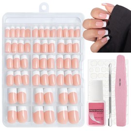 Square French False Nails Kit, 240Pcs Press on Nails with Glue Set, Fake Nails Nude Color French Fake Nail Kit - 12 Sizes Full Cover Stick on Nail for Women Girls Nail Art Manicure
