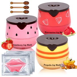 IONSGAKO Bálsamo Labial De Abeja En Tarro De Miel, 3 Unidades, Mascarilla Labial De Miel, Fresa Y Sandía, Mascarilla Labial De Miel Para Dormir,...   