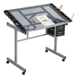 RockRain Adjustable Art Drawing Desk: Modern Drafting Table with Glass Top & 2 Fabric Drawers - 0-70° Adjustable Steel Frame & 4 Wheels for Artists & Crafters - Home Studio Workspace & Painting Statio