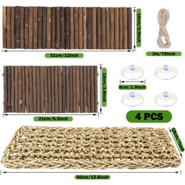 QUOZUO Bearded Dragon Tank Accessories, 3pack Reptile Habitat Hammock Natural Seagrass and Natural Wood Bendable Bridge for Climbing, Hermit Crab, Lizard, Mice, Spiders, Turtle, Snake