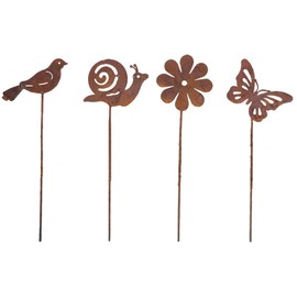 Garden Decoration Rust, Set of 4 Garden Stakes, Patina Metal Rust Stakes, Rust Decoration for Garden, Patio, Balcony, Flower Pot