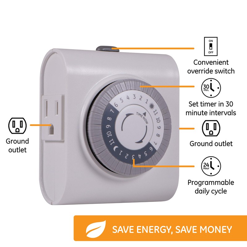 GE Mechanical Grounded Outlet Timer, Dual Plugs with 3 Prongs,