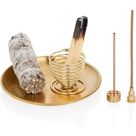 5 in 1 Incense Burner, Palo Santo Holder, Sage Holder, Incense Holder for Incense Sticks/Coil Incense/Incense Cones, 5.5 inches Brass Ash Catcher for Meditation Yoga Room - Color: gold