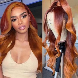 Red Orange Ombre Lace Front Wig Human Hair Ginger Red Highlight Lace Front Wig 13x4 Body Wave Lace Frontal Wig Colored Pre Plucked Brazilian Remy Hair Skunk Stripe Wig 180% Density - Size: 24inch
