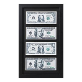 JINMANWU 4 Dollar Bill Frame, Wooden Picture Frame 2.5x6 Inch Black Dollar Bill Picture Frame with Mat. Includes Easel and Wall Mount.