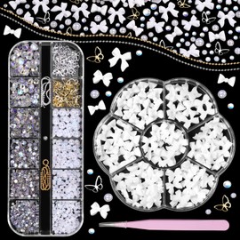 3D Nail Gems and Charms, Bows Nail Art and Flatback Gems Pearls, White Nail Bows 3D Nail Charms, Pearls Gems Nail Art Nail Pearls for Nail Art DIY with Pickup Tools