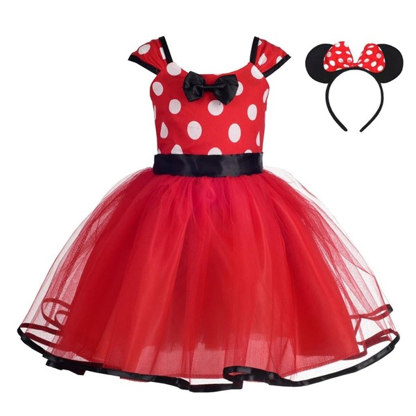 Lito Angels Minnie Fancy Dress Up Costume with Mouse Ears Hair Hoop for Kids Girls, Halloween Birthday Party Mini Polka Dot Tulle Skirt, Age 6-7 Years, Red