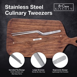 8-CREW KITCHEN Culinary Stainless Steel Tweezers, 8-inch Offset Tip Chef Precision Tongs for Plating, Decorating, Food Design, Bar and Multi-Purpose