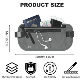 Travel Money Belt Secure RFID Blocking Money Belts for Travel Hidden Men Waterproof Undercover Travel Waist Bag Anti Theft Travel Wallet for Passport, Phone, Credit Cards & Cash, Grey