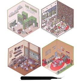 4 Set 3D House Stickers, 3D House Sticker, 3D Sticker Scene, DIY 3D House Stickers, Fun DIY Stickers Scene, Stickers for Kids, Cartoon Miniature House Landscaping Stickers, Coffee Stickers