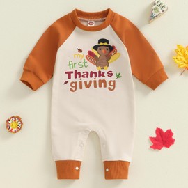 FYBITBO Thanksgiving Baby Boy Girl Outfit Newborn Infant Turkey Romper Jumpsuit My First Thanksgiving Onesie Clothes (Brown-1st Thanksgiving Outfit, (Brown, 12-18 Months)