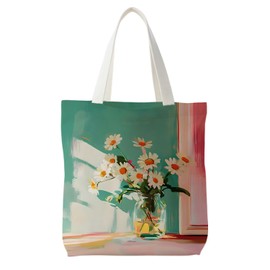 Likjad Vintage Daisy Floral Canvas Tote Bag, Daisies Flower Canvas Tote Bags for Women, Girly Aesthetic Botanical Reusable Grocery Shopping Bags