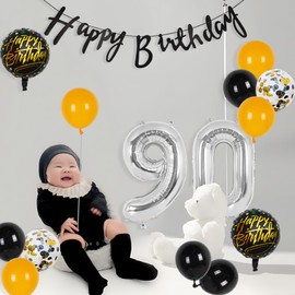 Silver 90th Birthday Decorations Party Supplies-Black Happy 90th Birthday Banner Latex and Confetti Balloons Paper Honeycomb Balls Huge Number 90 Balloons for Girls,Women,Men,Photo Props 90th Birthday